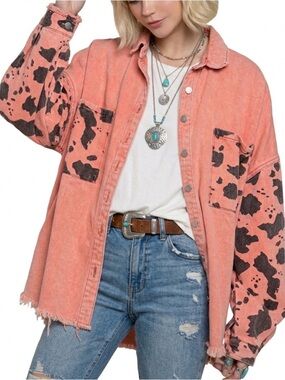 POL Dusty Pink Cow Print Denim Jacket Shacket Boho Distressed Raw Hem M